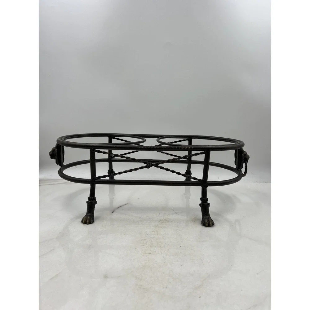 Heavy Metal Wrought Iron Double Pet Bowl Stand Raised Feeder Lion Head Paw Feet